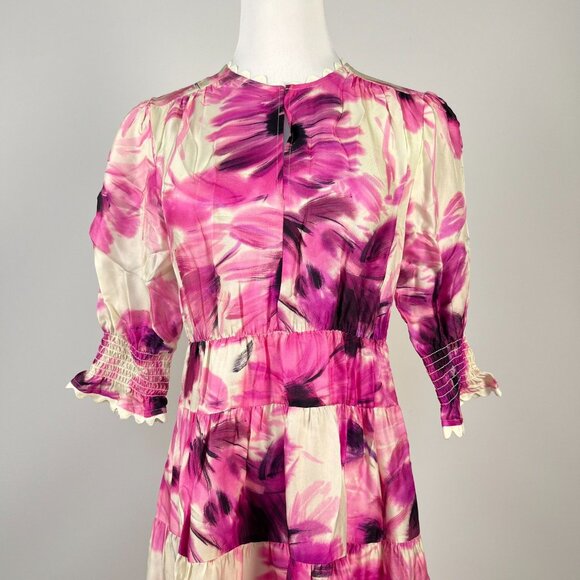 $598 NWOT JOHNNY WAS Jade Silk Blend Floral Ruffles Tiered Midi DRESS Size L - Picture 3 of 12